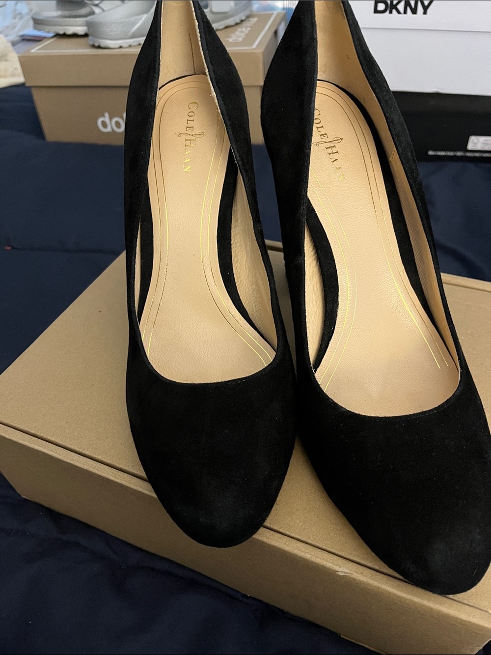 Cole Haan Black Suede Round-Toe High Heel Pumps